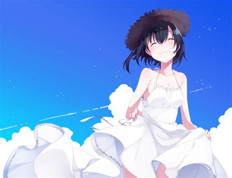 Wallpaper Illustration Anime Girls Sky Hat White Dress Clouds Smiling Cartoon Black