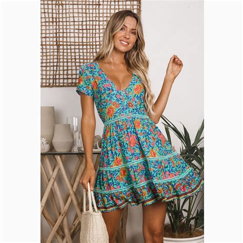 flirty elevated mini dress women summer floral print short sleeve v neck boho dress ladies 2019