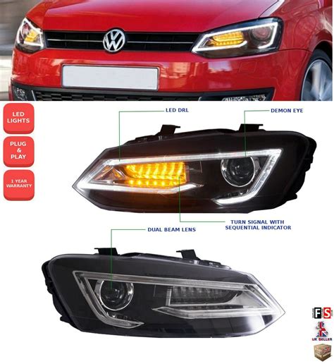 Front Headlight Drl Dynamic Led Sequential For Vw Polo Mk5 6r 6c 2011