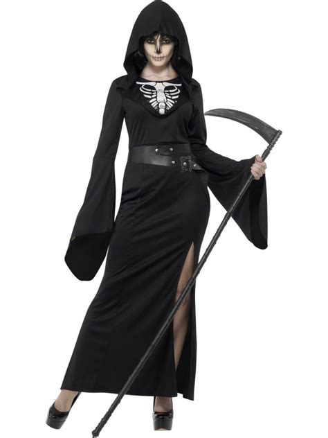 Womens Lady Grim Reaper Costume Halloween Skeleton Horror Fancy Dress