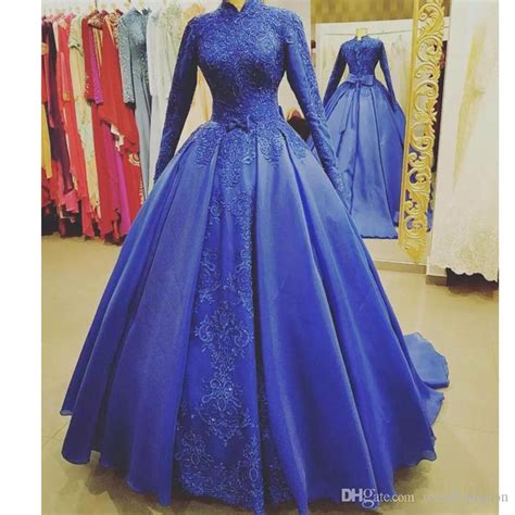 Royal Blue Muslim Wedding Dresses High Collar Long Sleeve Appliques With Sequin Wedding Dress