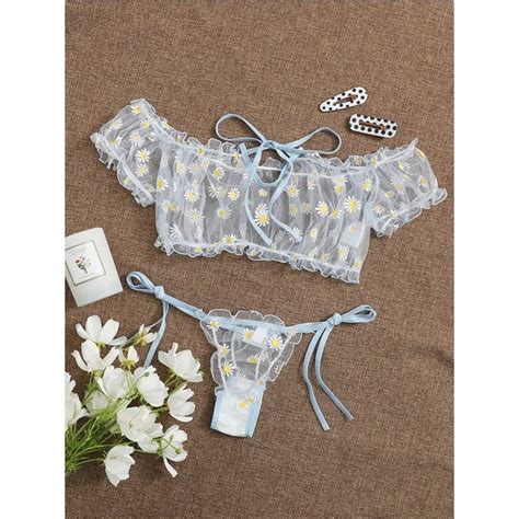 Sexy Lace Lingerie Erotic Women Embroidery Off Shoulder Bowknot Strapless Bra Thong Set
