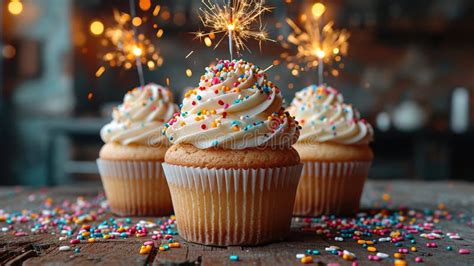 Birthday Cupcakes With Celebration Sparklers And Sprinkles For A