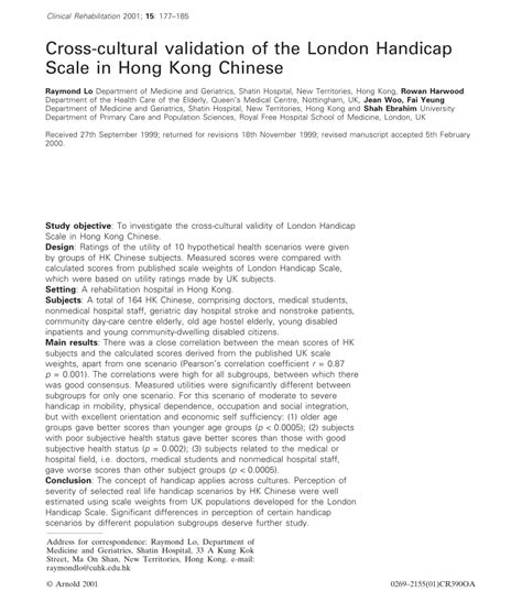 Pdf Cross Cultural Validation Of The London Handicap Scale In Hong