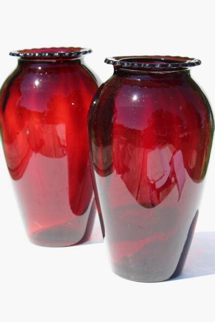 Pair Of Tall Christmas Red Vases Vintage Anchor Hocking Royal Ruby Glass