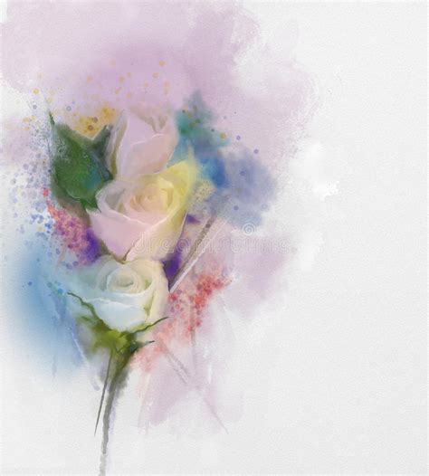 White Roses Flowers Painting In Pastel Color With Light