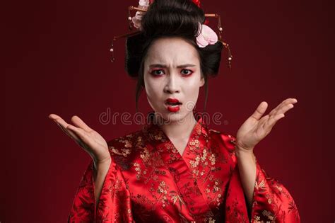 image of displeased geisha woman in japanese kimono gesturing in outrage stock image image of
