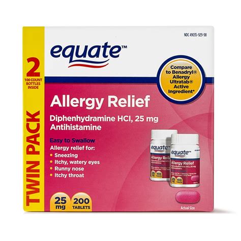 Equate Allergy Relief Diphenhydramine Tablets 25mg 2x100 Ct Walmart