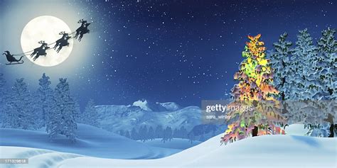 Christmas Tree And Santa In Moonlit Winter Landscape At
