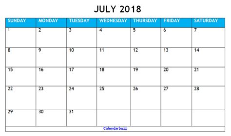 July 2018 Calendar Printable Templates Calendarbuzz