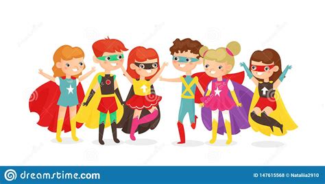Vector Illustration Of Boys And Girls In Superhero Costumes Isolated On
