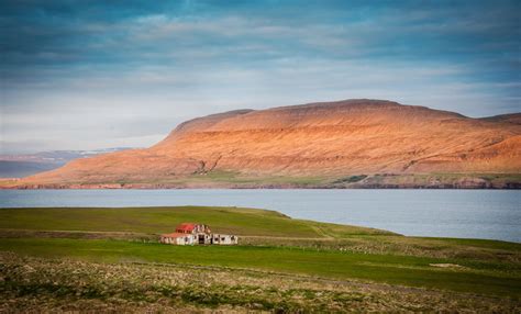 Iceland Mountains Bay Sea Water House Lawn Grass