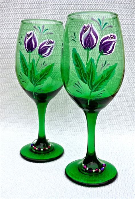 Painted Wine Glasses With Purple Tulips And Wine Por Ipaintitpretty Mother S Day Ts Ts