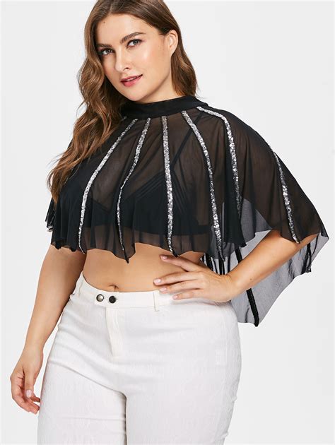 Wipalo Plus Size See Thru Sequins Sheer Mesh Cape Asymmetric Blouse