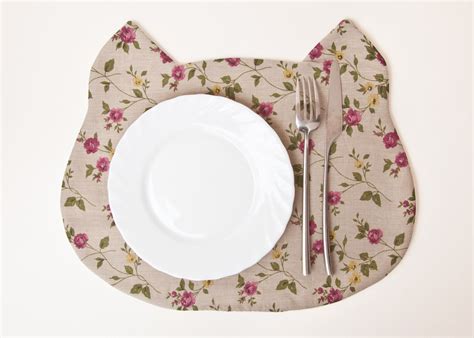Fabric pattern grey small floral. Cat Linen Placemat Gray Fabric Placemat Cat Lover Gift ...