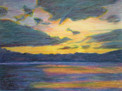 Small Colored Pencil Drawing Sunset With Lake Wasilla Alaska