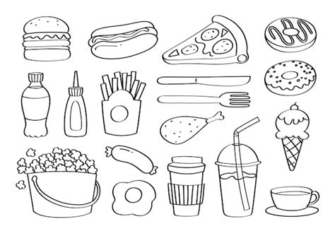 Doodle lindo comida rápida iconos de dibujos animados y objetos