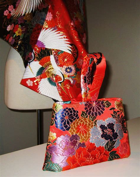 Wedding Purse Vintage Kimono Crane Flower Red Embroidery Hand Etsy