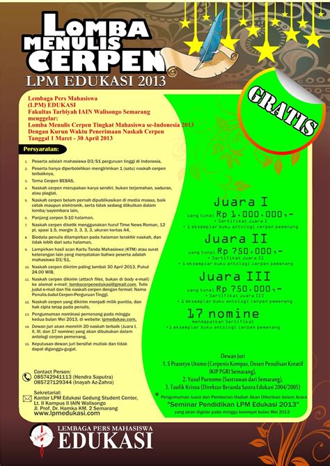 Pamflet politik ini adalah jenis pamflet yang berisi mengenai suatu kegiatan atau aktivitas politik, misalnya pada kampanye yang tujuannya adalah untuk mengajak pembaca memilih calon di dalam. Lomba Menulis Cerpen LPM Edukasi 2013