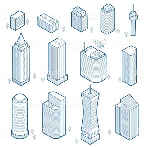 Isometric outline modern buildings set. Isometric city skyscrapers... | Isometric design, Urban ...