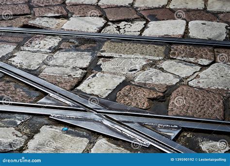 Tram Lines On The Background Old Stone Road Stock Photo Image Of