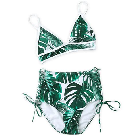 High Waisted Bikinis Set 2018 New Palm Leaves Printing Women Swimwear