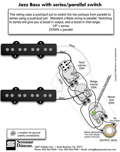 62 pre cbs fender jazz bass wiring diagram fender jazz electric bass wiring diagram j bass wiring free download electronic schematic diagram wiring a fender bass pickups fender wiring diagram, p bass elite pc board assembly schematics, p bass circuit diagram, fender schematics. Jazz Bass Pickup wiring with series/parallel switch - by Seymour Duncan | Guitar pickups, Bass ...
