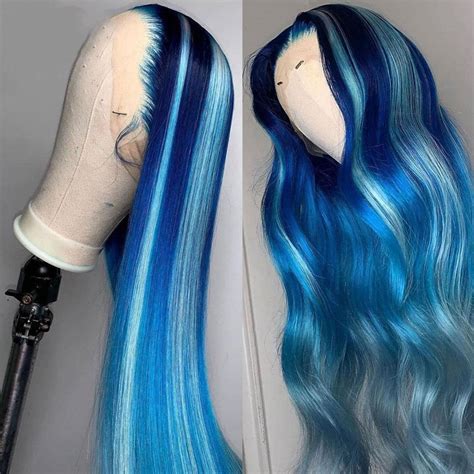Blue Human Hair Wig With Light Blue Streak Transparent Lace Front Wigs