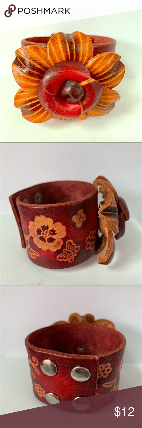 Tooled Dyed Leather Flower Cuff Bracelet Flower Cuff Bracelet Leather Flowers Leather Cuffs