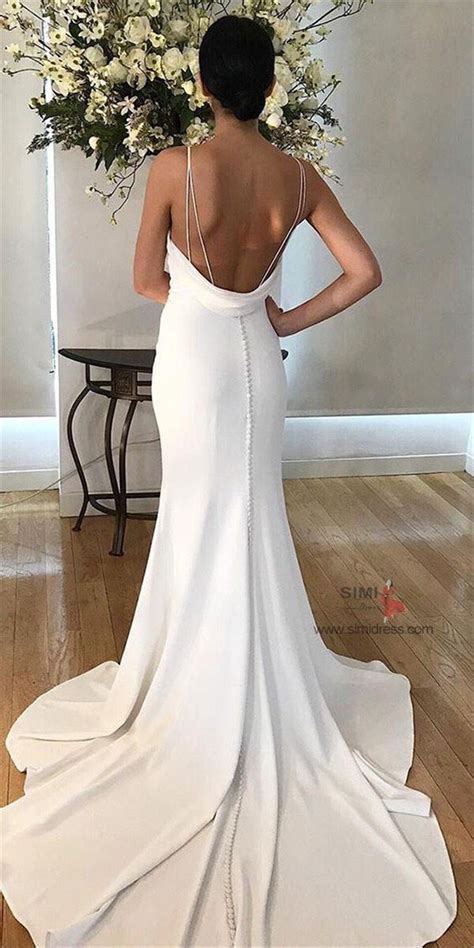 White Satin Mermaid Spaghetti Straps Wedding Dresses With Buttons SW387