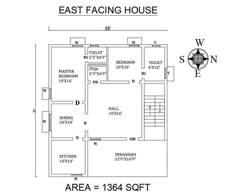 35x39 East Facing 2bhk House Plan With Autocad File Cadbull