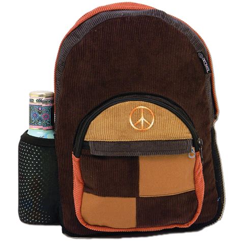 Patchwork Corduroy Backpack With Peace Sign Embroidery Medium