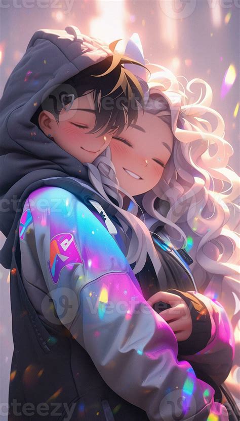 Anime Couple Hugging Each Other With Confetti Falling Around Them