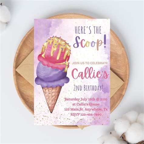 Ice Cream Birthday Invitation Heres The Scoop Invitation Girls