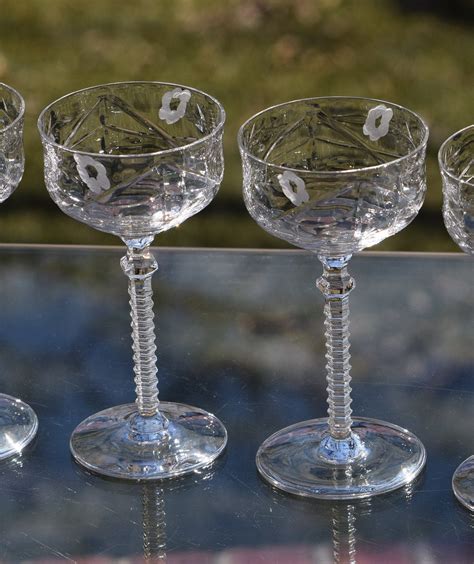 Vintage Etched Crystal Liquor ~ Wine Cordial Glasses Set Of 5 Circa 1940 S After Dinner Drink