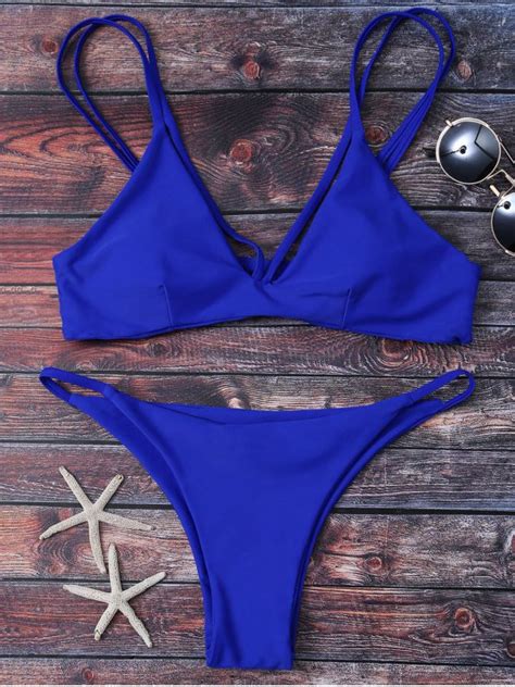 High Leg Strappy Bikini Set Blue Bikinis S Zaful