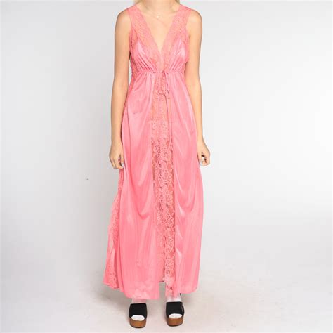 bright pink nightgown 70s sheer floral lace slip maxi lingerie dress retro empire waist v neck