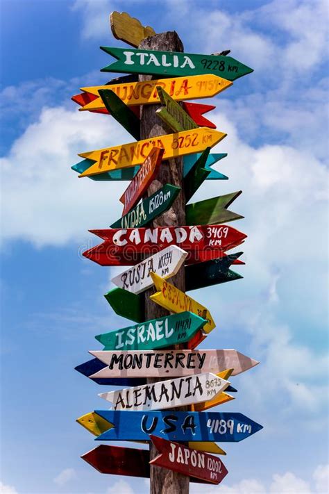 Destination World Travel Sign With Country Directions And Sitances