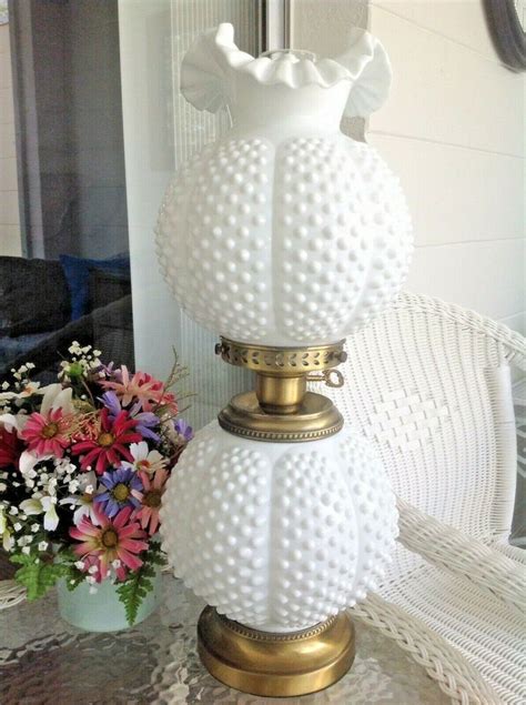 Fenton Milk Glass Hobnail Gone With The Wind Double Ball Hurricane Lamp