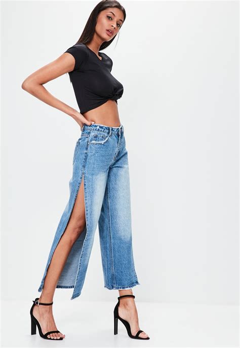 Missguided Blue Mid Rise Open Side Wide Leg Jeans