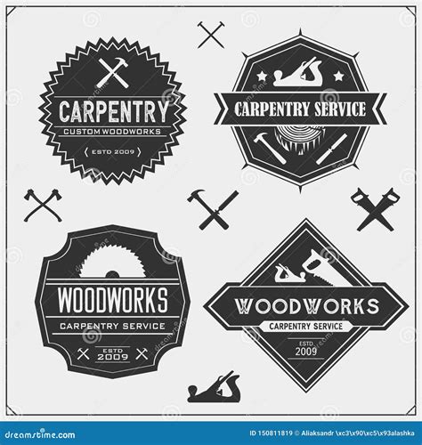 Set Of Vintage Carpentry Emblems Woodwork Labels Badges Logos And