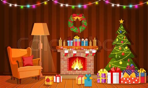 Christmas living room clipart from berserk on. Christmas fireplace room interior. ... | Stock vector ...