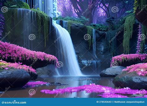 A Waterfall In A Forest Close Up Shots Of Flowers Stock Illustration