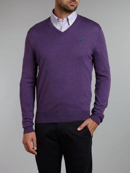 Polo Ralph Lauren Classic Fine Knit Merino Wool V Neck Jumper In Purple