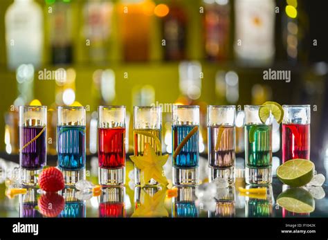 Colored Alcoholic Shots On Bar Counter Stock Photo Alamy
