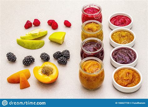 Healthy Organic Homemade Assortment Of Fruit Puree Stock Photo Image