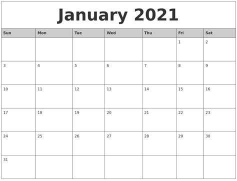 Free printable monthly calendar 2021. January 2021 Monthly Calendar Printable