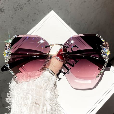 Luxury Brand Design Rimless Rhinestone Women Sunglasses