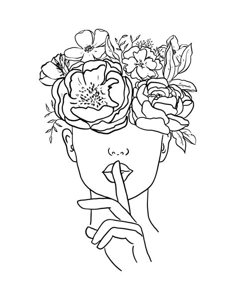 Head Of Flowers Line Art Flower Woman Printable Art Flower Etsy