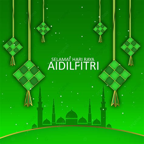 Selamat Hari Raya Aidilfitri With Ketupat And Mosque Background